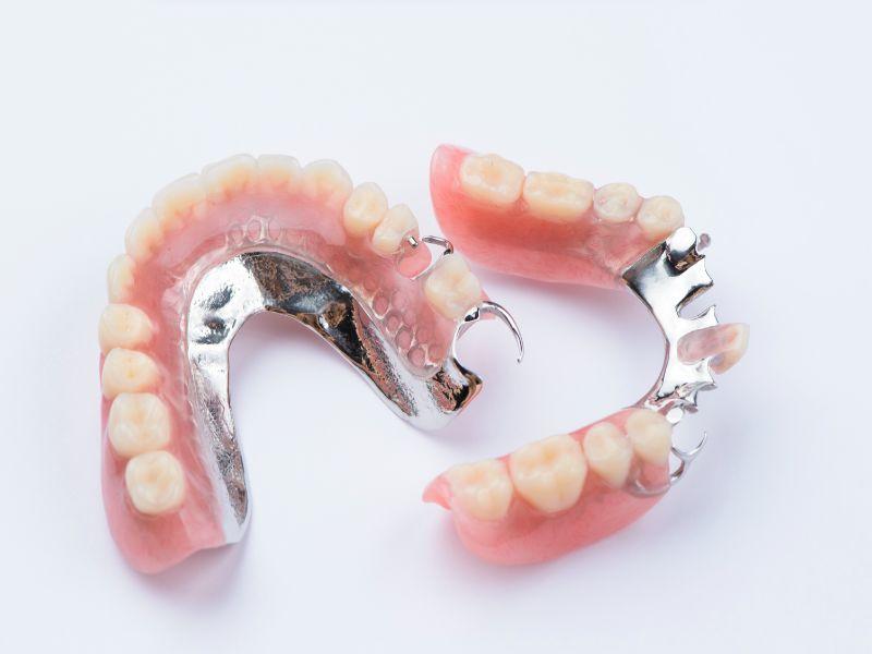 Removable metal partial denture on white background photo