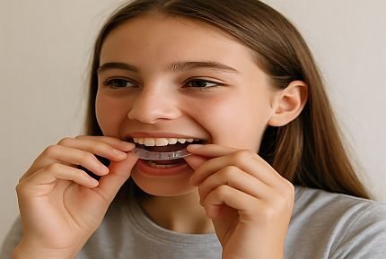 Invisalign - Clear aligners; Teenage girl putting her aligners in.